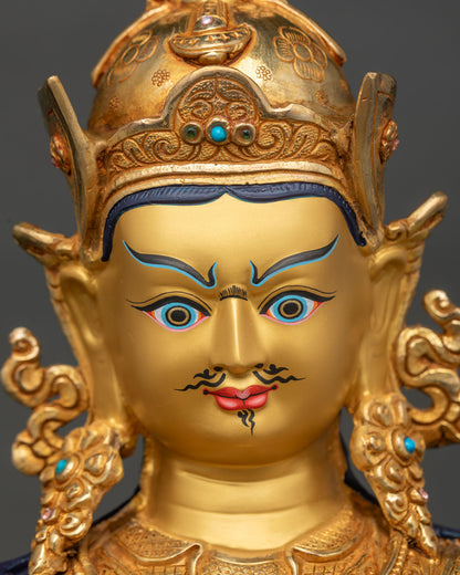 Close up of Guru Rinpoche statue face with 24K gold paint and semi-wrathful expression
