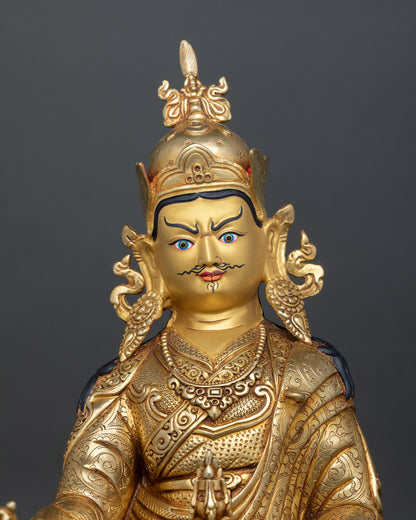 Close-up of Guru Rinpoche Statue with intricate gold fire gilding and handcrafted details