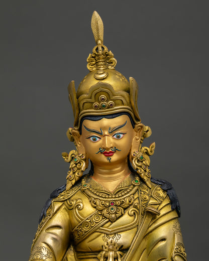 Close Up of Guru Rinpoche Statue with Vajra Skull Cup and Khatvanga 24K Gold Gilded