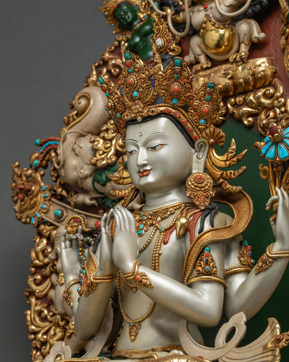 Close-up of hand-carved aureole with Garuda and Nagakanya on Chenrezig celestial throne