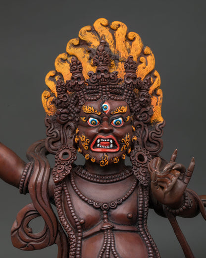 Close Up of Hand-Carved Vajrapani Statue with Oxidized Copper and Hand-Painted Details