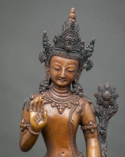 Close-up of handcrafted oxidized copper Lokeshvara statue showing crown, jewelry and lotus stem