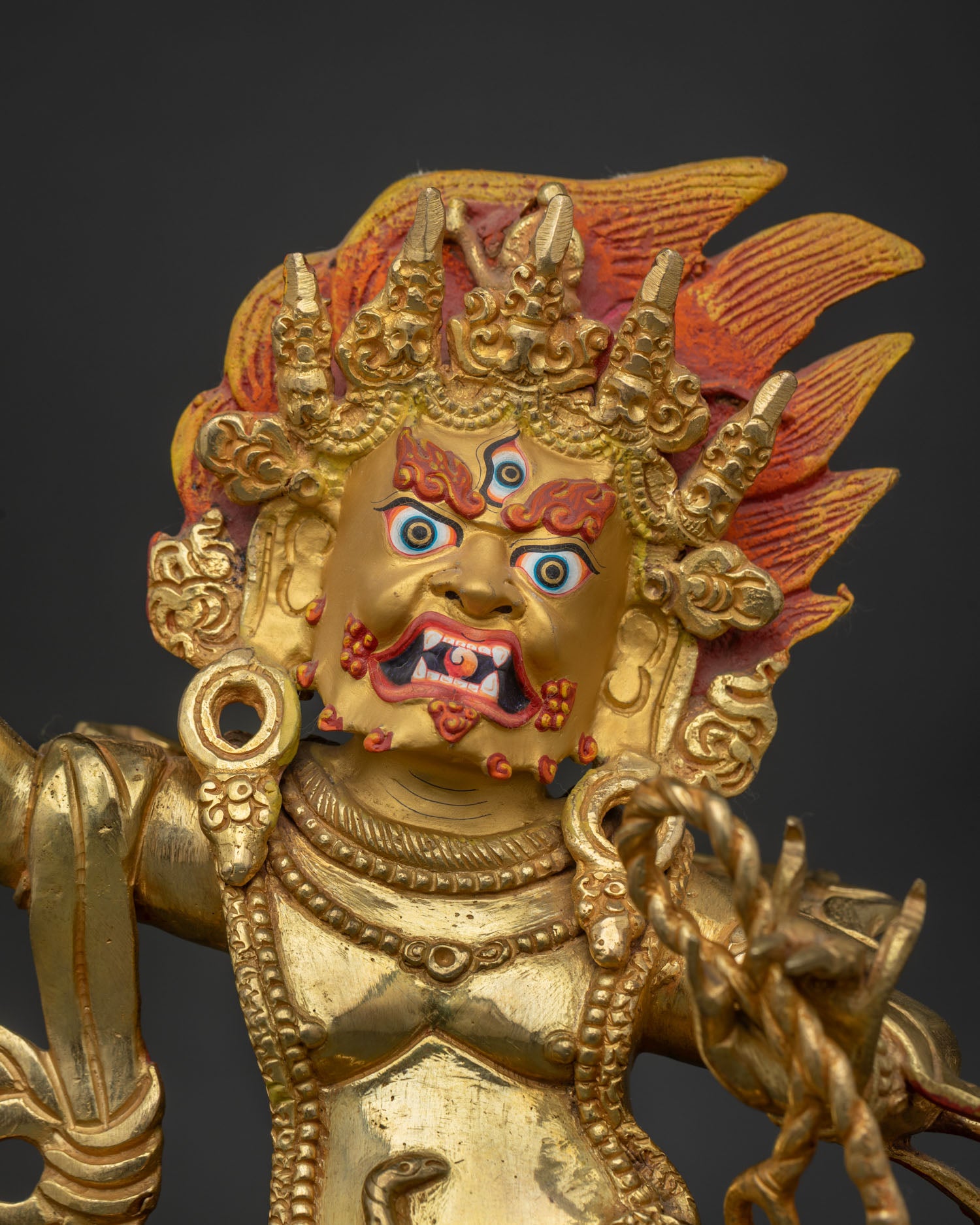 Close Up of Handcrafted Vajrapani Statue with Gold Fire Gilding and Copper Body