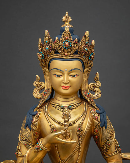 Close-up of handcrafted Vajrasattva statue, 24K gold fire-gilded copper details