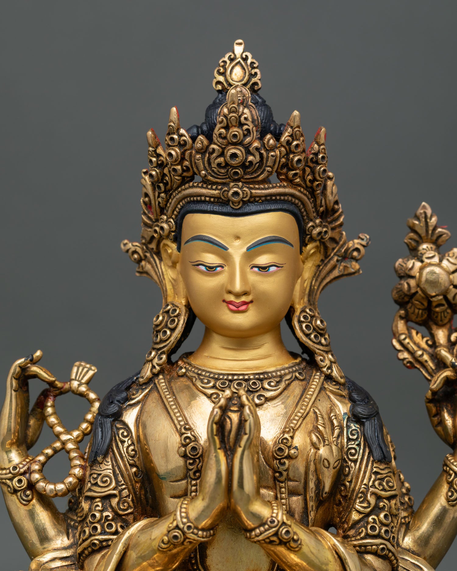 Close Up of Handmade Avalokiteshvara Chenrezig Statue with Gold Fire Gilded Copper Finish