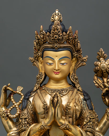 Close Up of Handmade Avalokiteshvara Chenrezig Statue with Gold Fire Gilded Copper Finish
