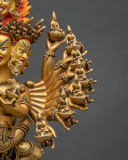 Close-up of Hevajra’s right hands holding skull cups with seated worldly gods, Nepali statue