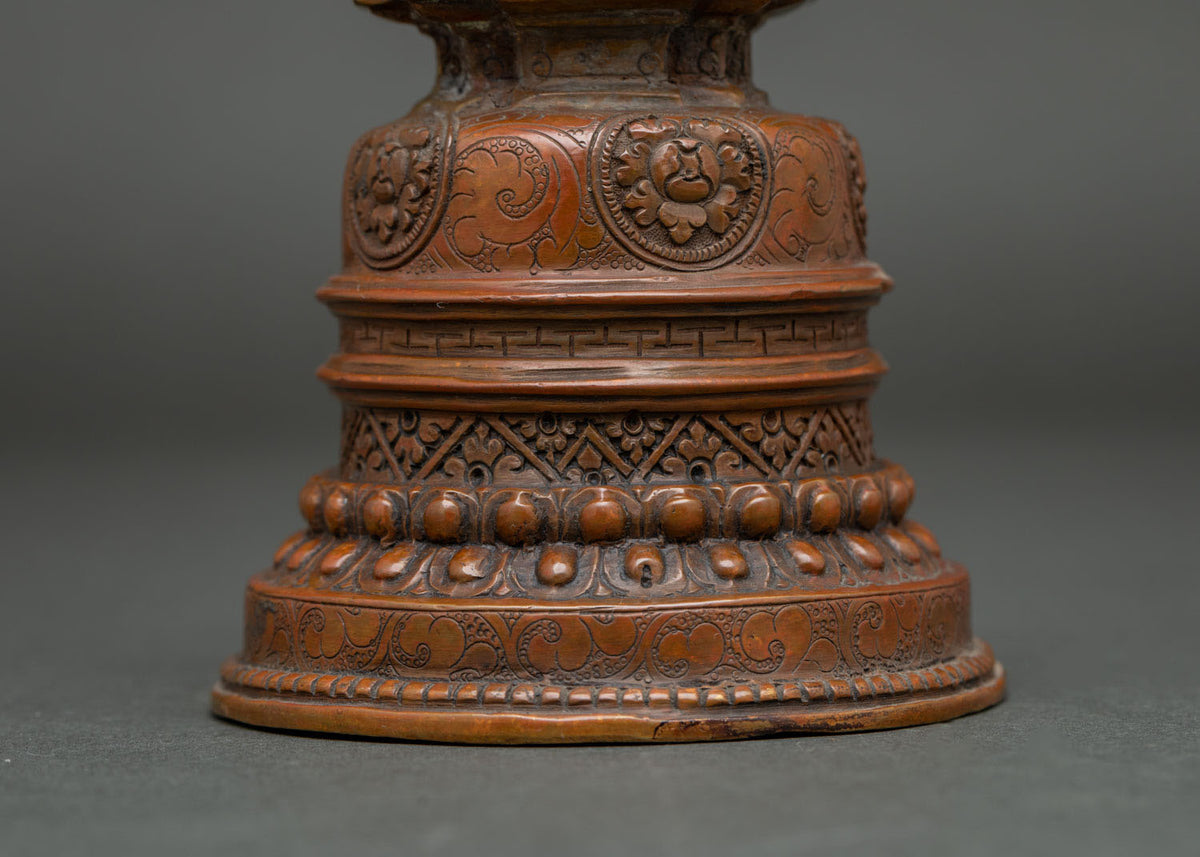 Close up of Kadampa Stupa with double lotus pedestal and intricate floral carvings