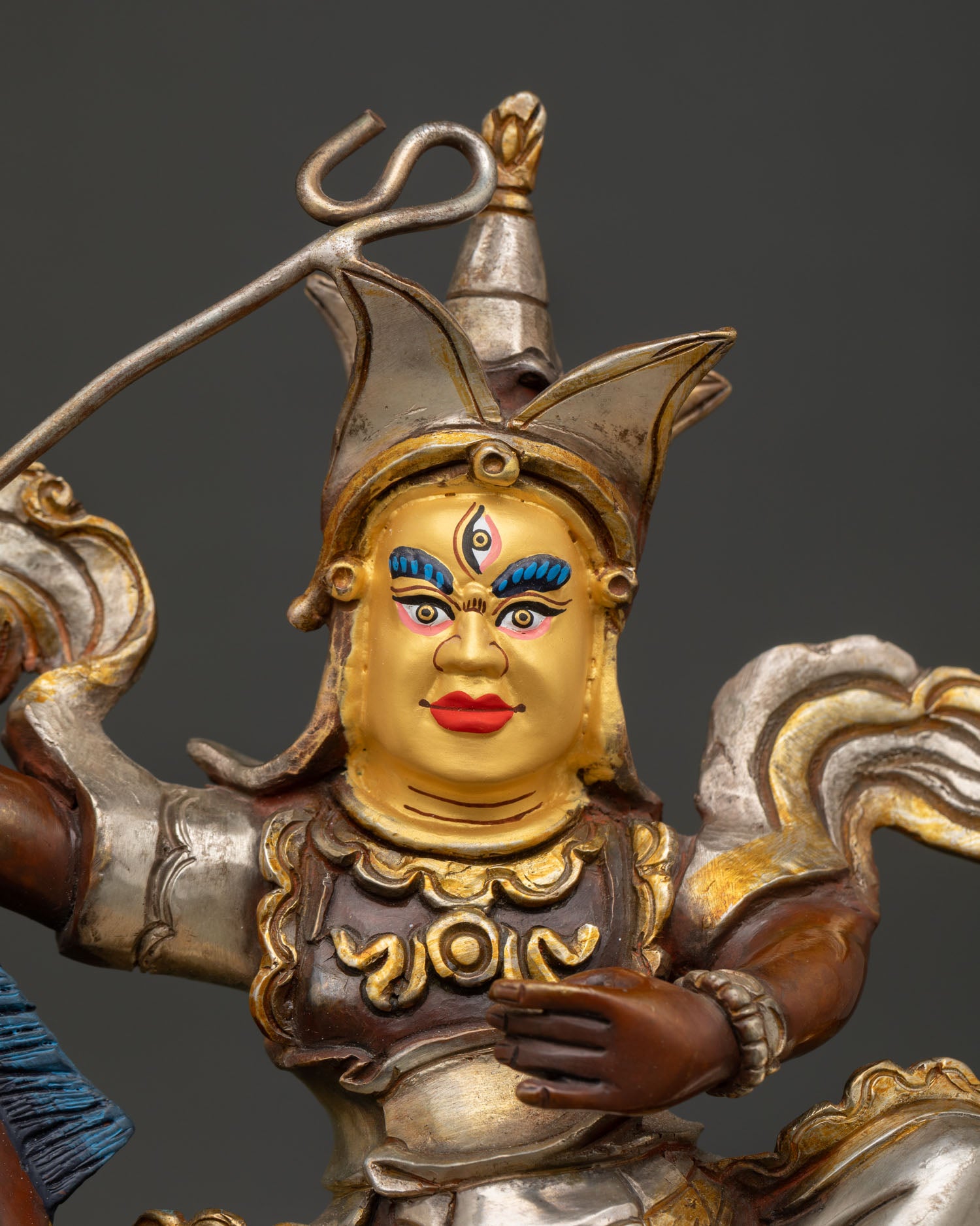 Close Up of King Gesar Statue Gold Painted Face, Handmade by Newari Artisans Nepal