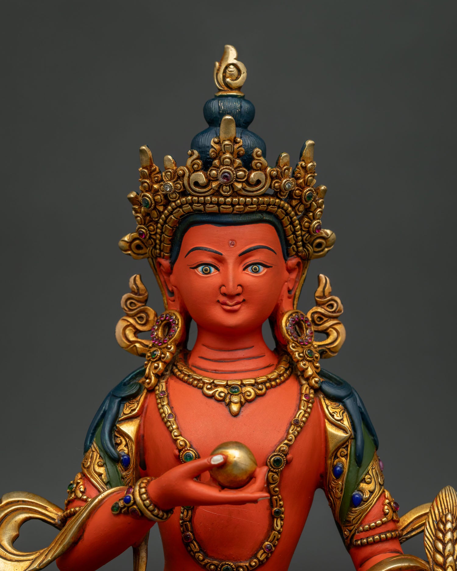 Close Up of Kshitigarbha Statue with Hand Painted Face and Wish Fulfilling Jewel