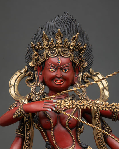 Close-up of Kurukulla Statue, showing skull crown, floral arrow and intricate hand-painted details