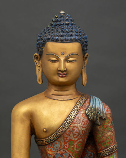 Close Up of Lord Shakyamuni Buddha Statue with Gold Gilded Copper and Painted Details