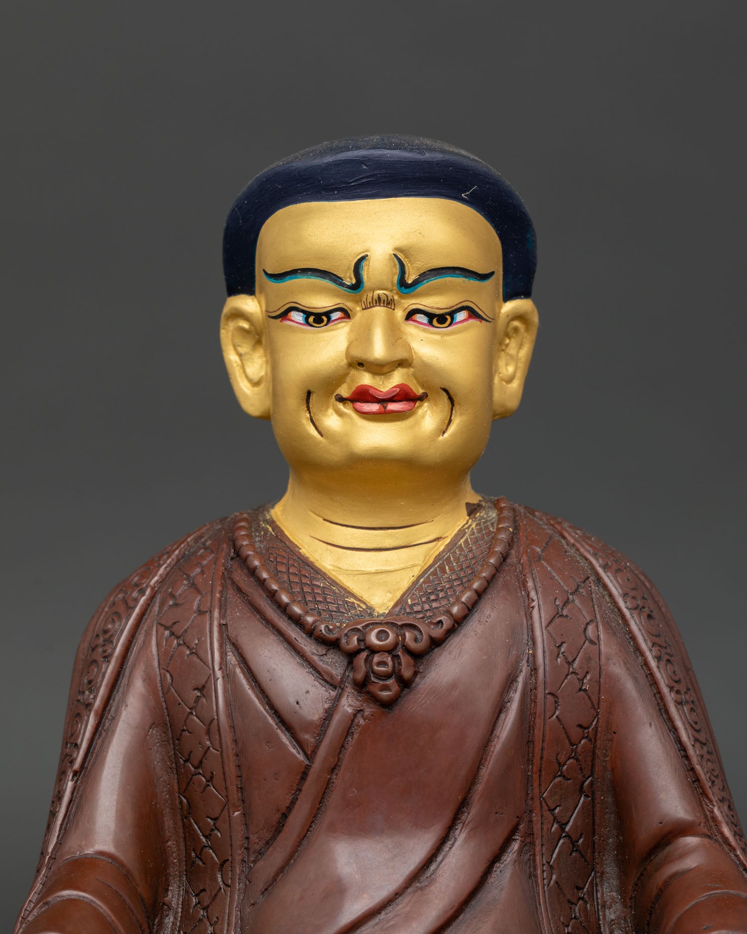 Close Up of Marpa Statue with 24K Gold Painted Face, Handmade in Nepal
