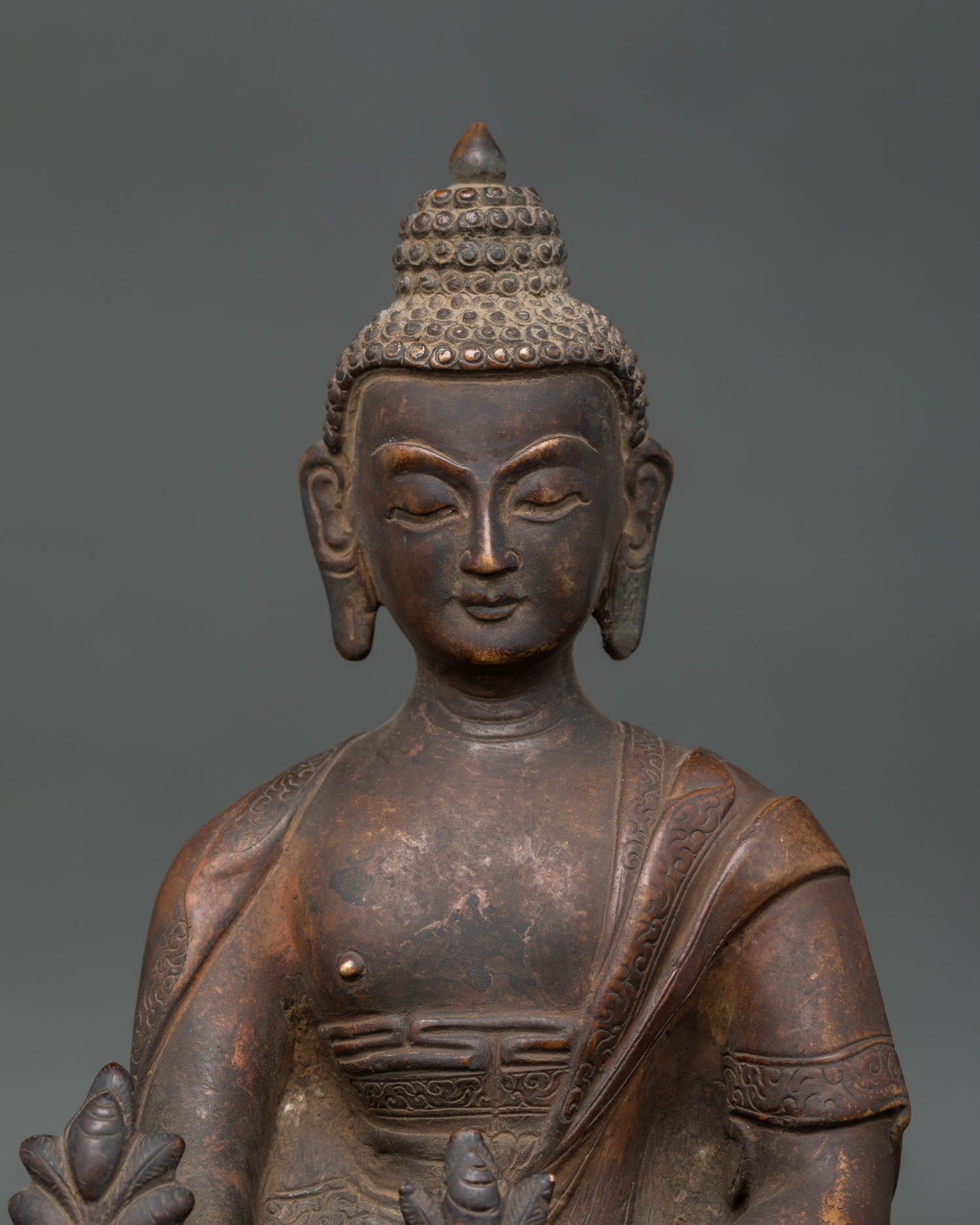 Close up of Medicine Buddha face with handcarved monastery robe and antique oxidized finish.