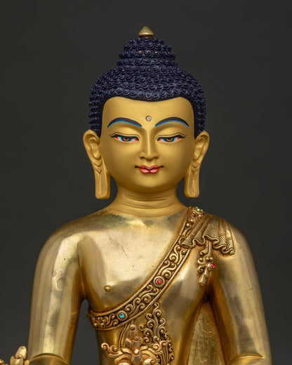 Close Up of Medicine Buddha Statue with Gold Painted Face and Sacred Stone Inlays
