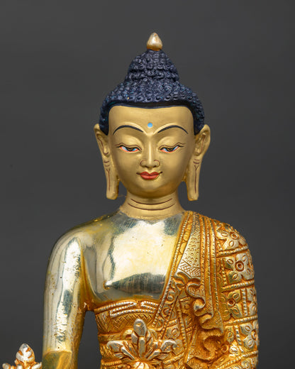 Close Up of Medicine Buddha with Gold Painted Face and Floral Monk Robe.