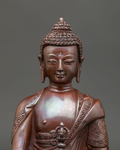 Close up of mitrugpa serene face and detailed buddhist ornaments with oxidized copper finish.