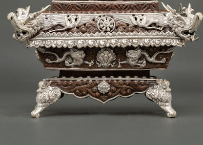 Close-Up of Newari Copper Incense Burner with Mythical Tibetan Symbol Engravings