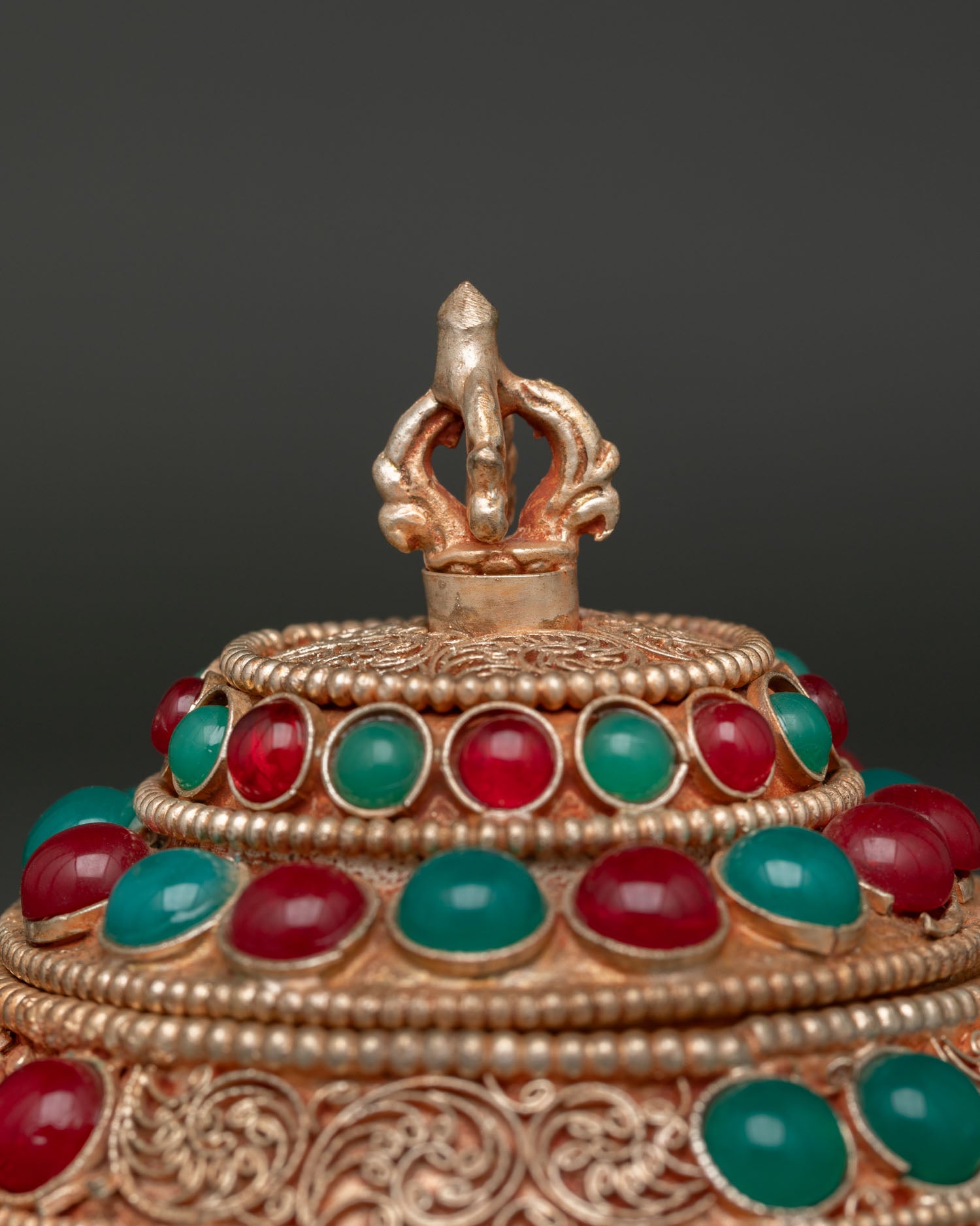 Close Up of Newari Copper Neshi Rice Pot with Half Vajra Handle and Gemstone Details