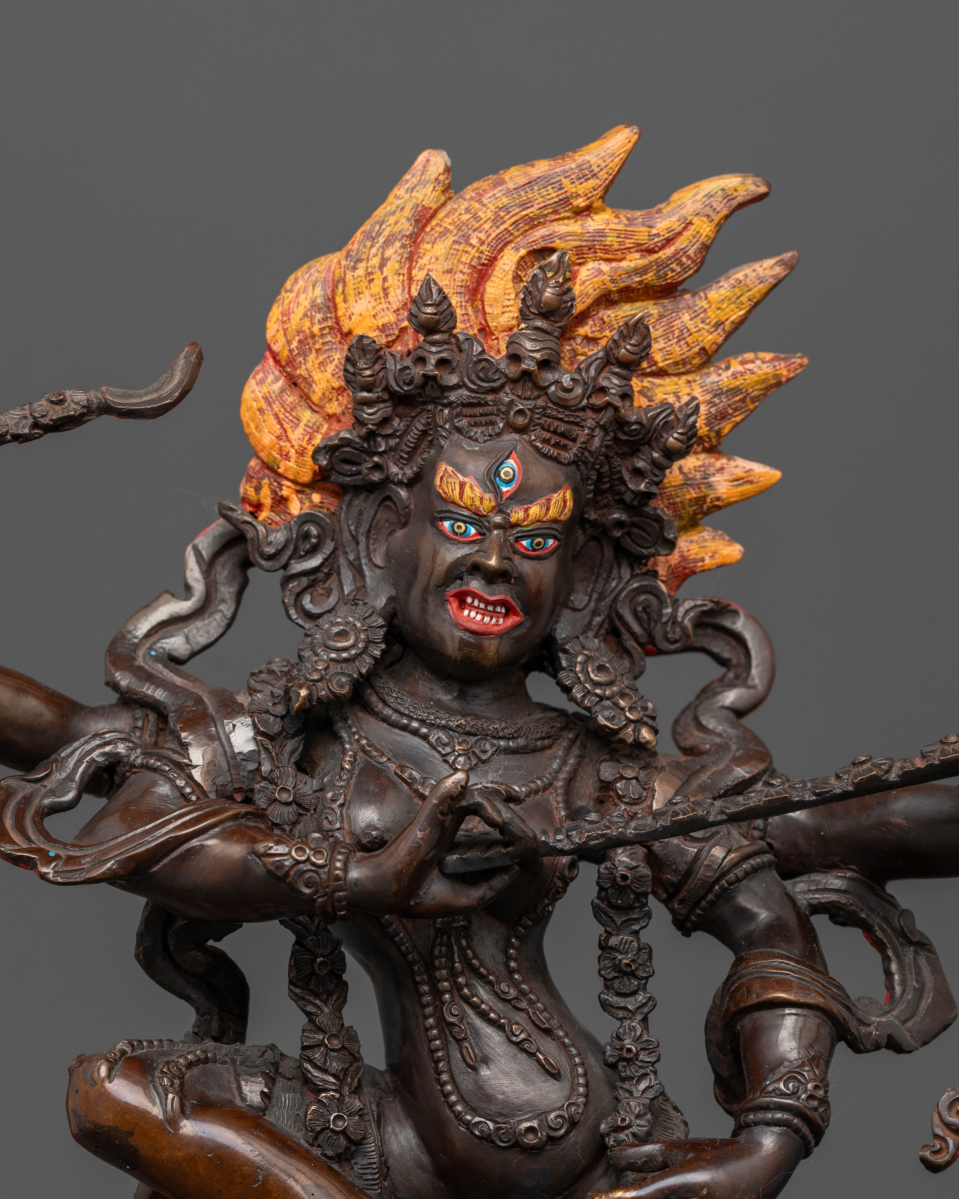 Close up of Oxidized Kurukulla Statue showcasing intricate Himalayan craftsmanship