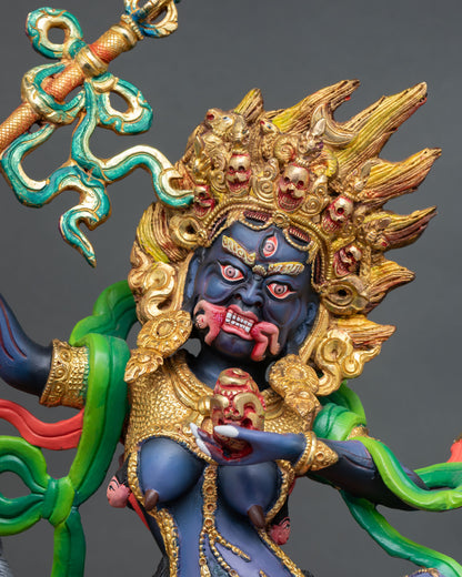 Close Up of Palden Lhamo Sculpture with Flaming Mandorla and Detailed Ornaments