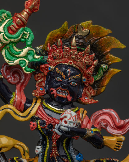 Close Up of Palden Lhamo Three Eyed Face with Hand Carved Halo and Fierce Expression.