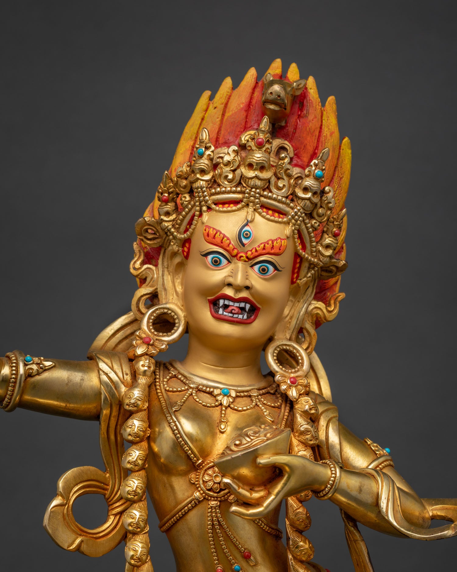 Close-up of Rare Dorje Phagmo Vajravarahi Statue with gold fire gilding and sacred ornaments