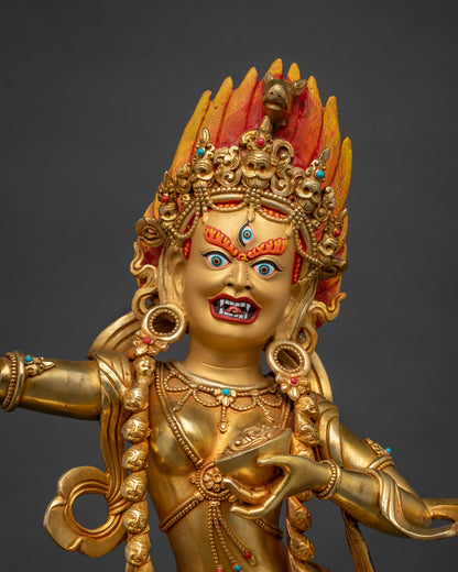 Close-up of Rare Dorje Phagmo Vajravarahi Statue with gold fire gilding and sacred ornaments
