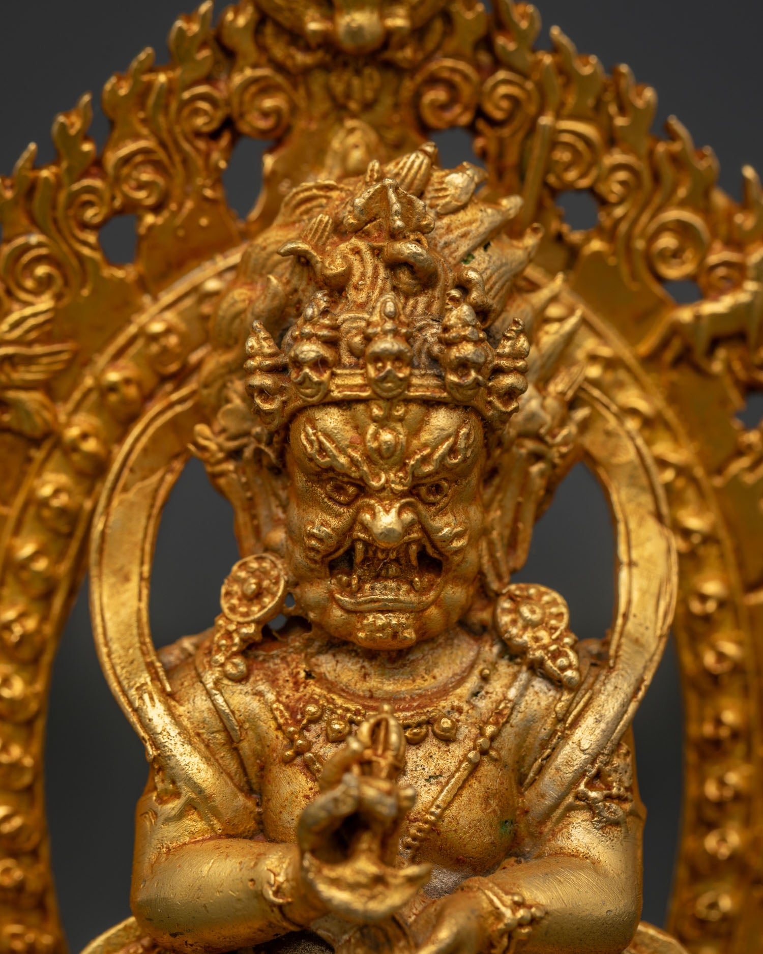 Close Up of Sakya Mahakala with Five Skull Crown Kapala and Kartika.