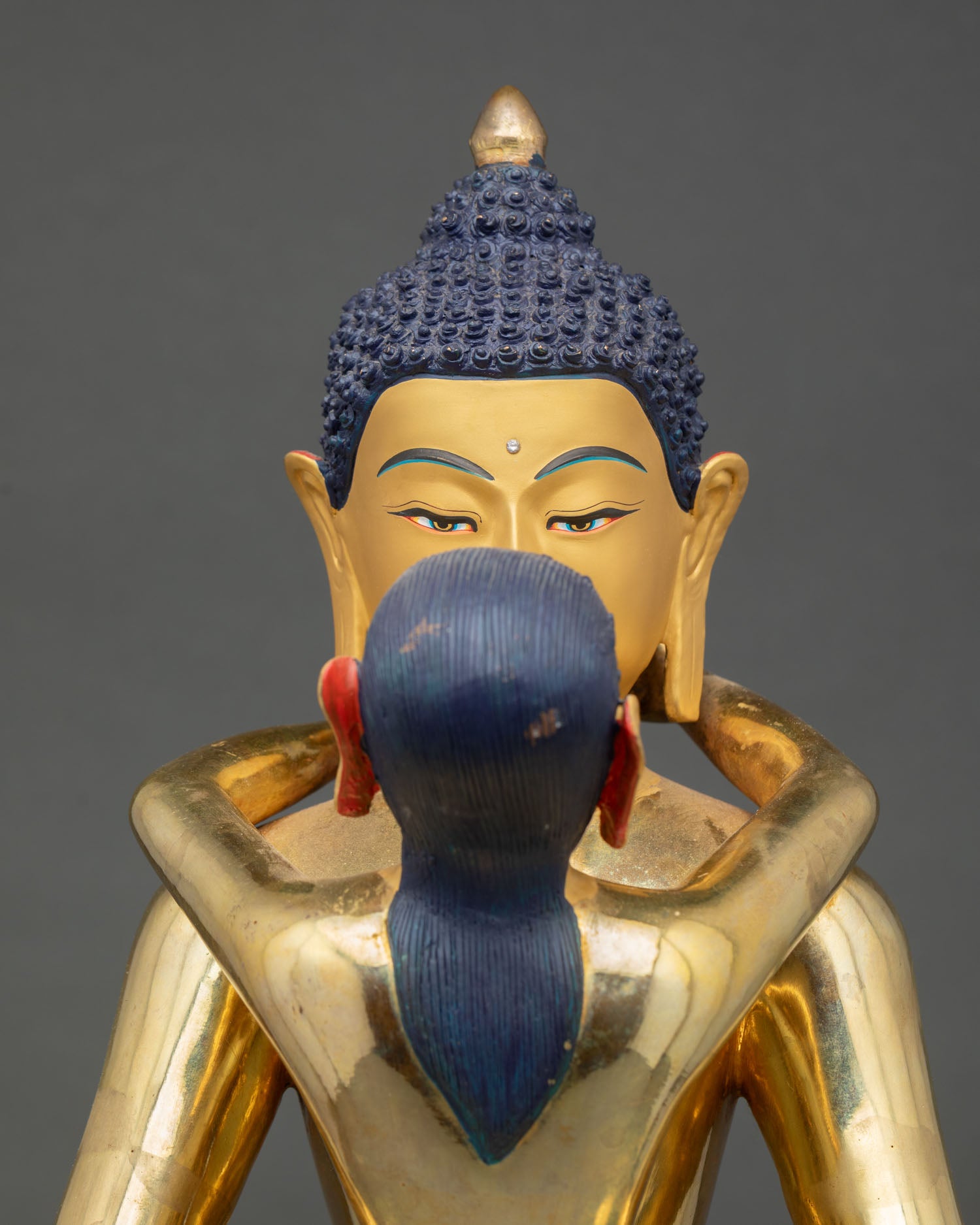 Close-Up of Samantabhadra Yab Yum Statue with Fire-Gilded Copper Details and Stones