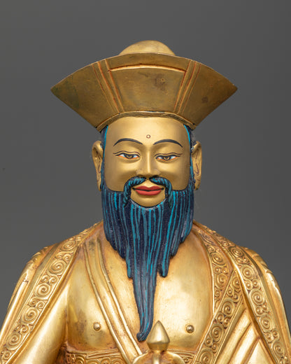 Close up of Shabdrung Ngawang Namgyal statue showing copper craftsmanship and gold gilding