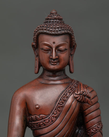 Close up of Shakyamuni Buddha face with floral motif monk's robe and begging bowl.
