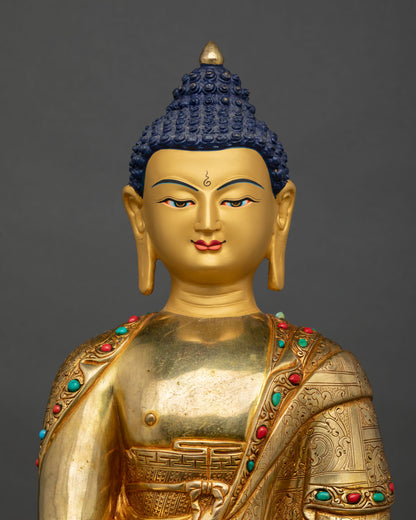 Close up of Shakyamuni Buddha face with gold gilded finish and serene enlightened expression