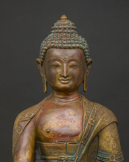 Close up of Shakyamuni Buddha face with handcarved monk robe and antique oxidized copper finish.