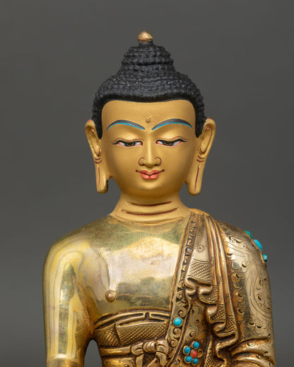 Close up of Shakyamuni Buddha gold painted face intricate Newari art handcrafted copper statue