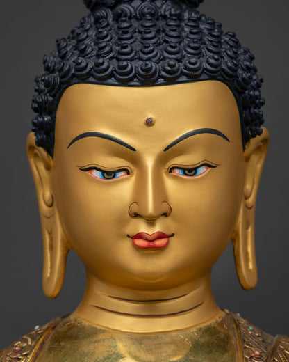 Close up of Shakyamuni Buddha statue face with 24K gold painted expression