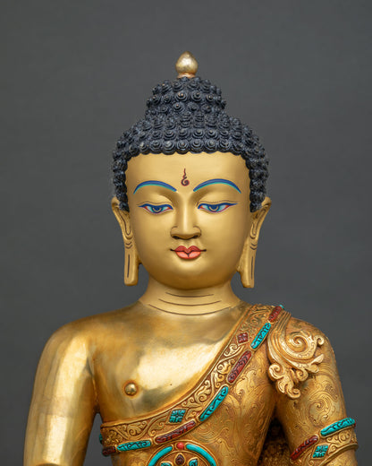 Close-up of Shakyamuni Buddha statue face with gold-painted features and serene expression