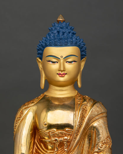 Close-up of Shakyamuni Buddha Statue, hand-engraved gold fire-gilded copper detail, Nepal