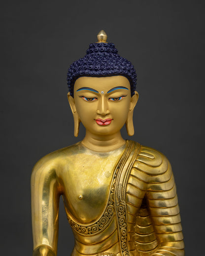 Close-up of Shakyamuni Buddha statue showing 24K gold fire-gilding