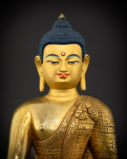 Close up of Shakyamuni Buddha Statue showing gold fire gilded copper craftsmanship