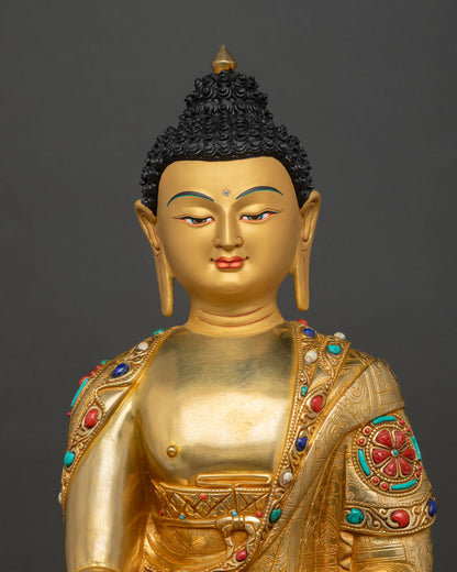 Close up of Shakyamuni Buddha statue, showing gold painted face and intricate craftsmanship