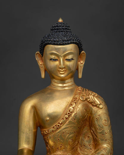 Close-up of Shakyamuni Buddha Statue showing hand-chased robe detail and gold fire gilding