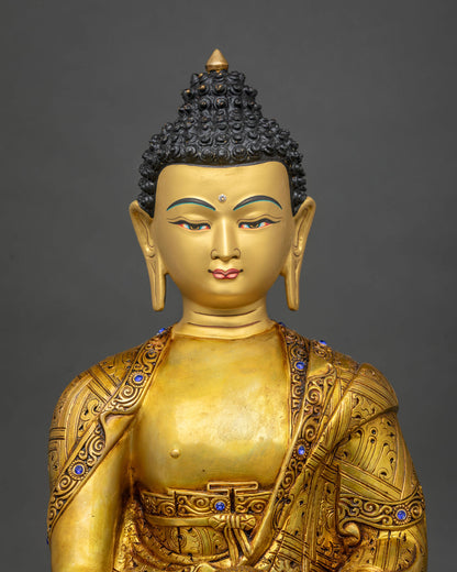 Close up of Shakyamuni Buddha statue upper body with gemstone inlays and engraved monastic robe