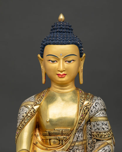 Close up of Shakyamuni Buddha statue with intricate gold and silver details