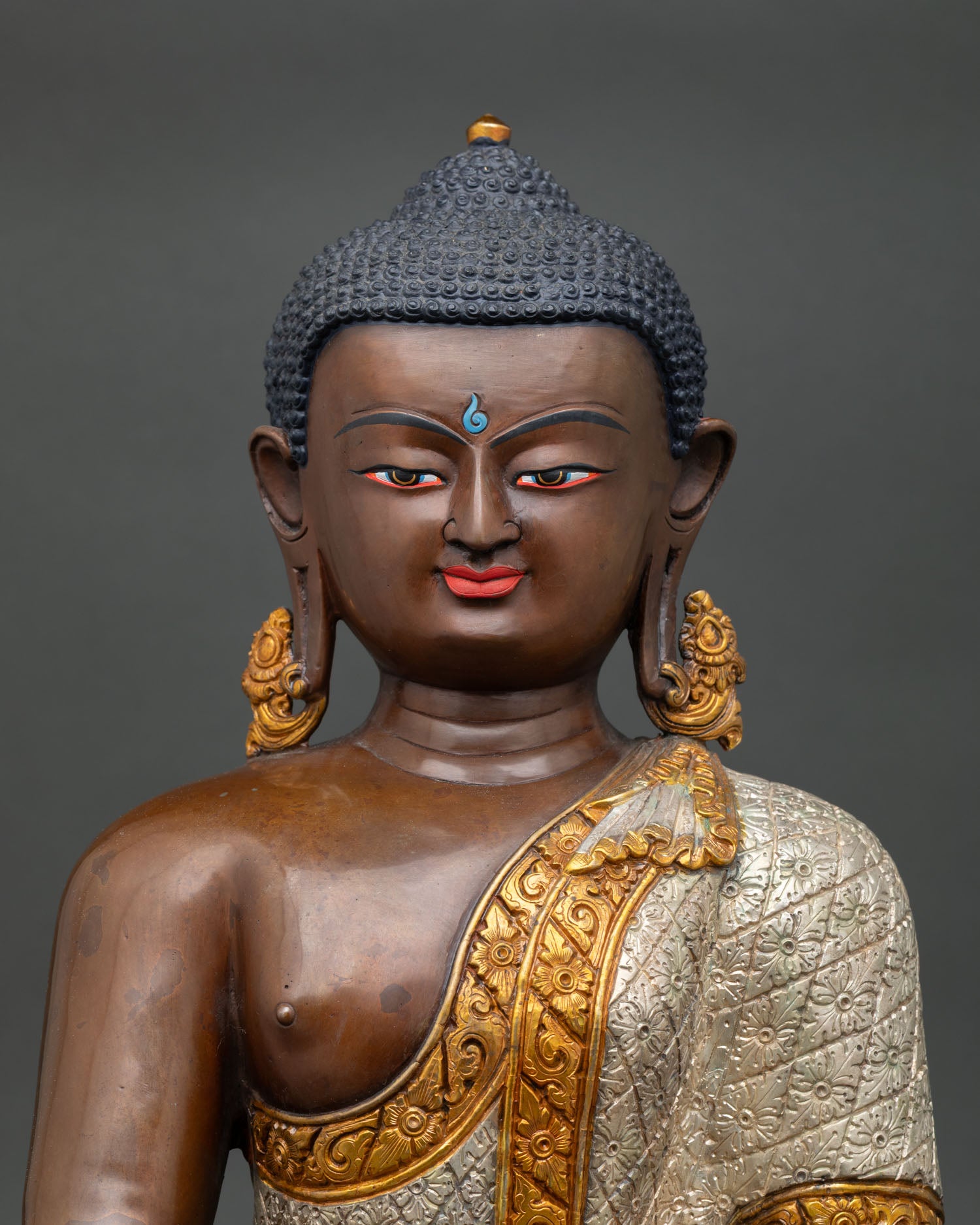 Close-Up of Shakyamuni Buddha Statue with Silver-Plated Gold-Gilded Robe from Nepal