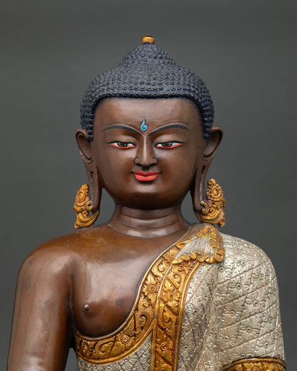 Close-Up of Shakyamuni Buddha Statue with Silver-Plated Gold-Gilded Robe from Nepal