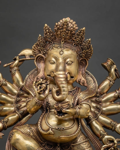 Close-up of standing Ganesh statue showing pure copper repoussé detailing
