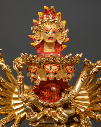 Close Up of Standing Hevajra Sculpture with Intricate Tantric Details and Gold Finish