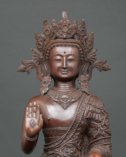 Close-up of the Dipankara-Buddha statue, highlighting the serene oxidized face, flowing robes, and intricate Newari metalwork.