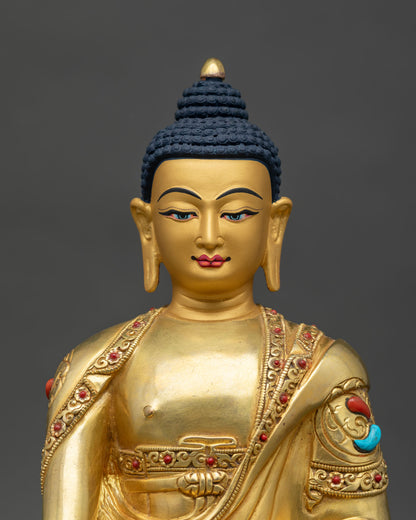 Close up of the handcrafted copper Shakyamuni Buddha idol showing intricate floral robe details.